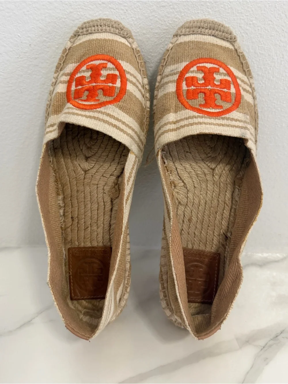 Tory Burch Espadille flat cream and orange logo size 9